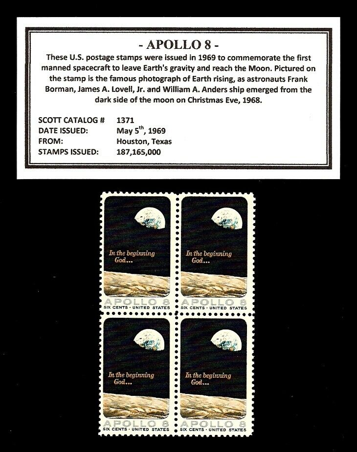 1969 - Apollo 8 - Mint, Never Hinged, Block Of Four Vintage U.s. Postage Stamps