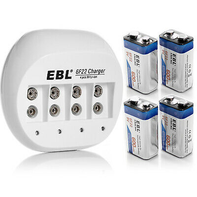 4 Pcs Ebl 600mah 9v Li-ion Rechargeable Batteries +4slot 9-volt Battery Charger