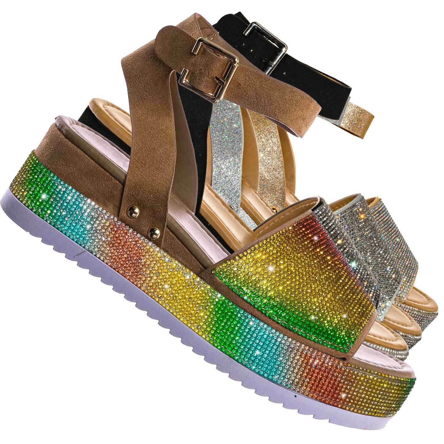 Luxury96 Rhinestone Glitter Flatform Sandal - Women Ankle Strap Crystal Platform