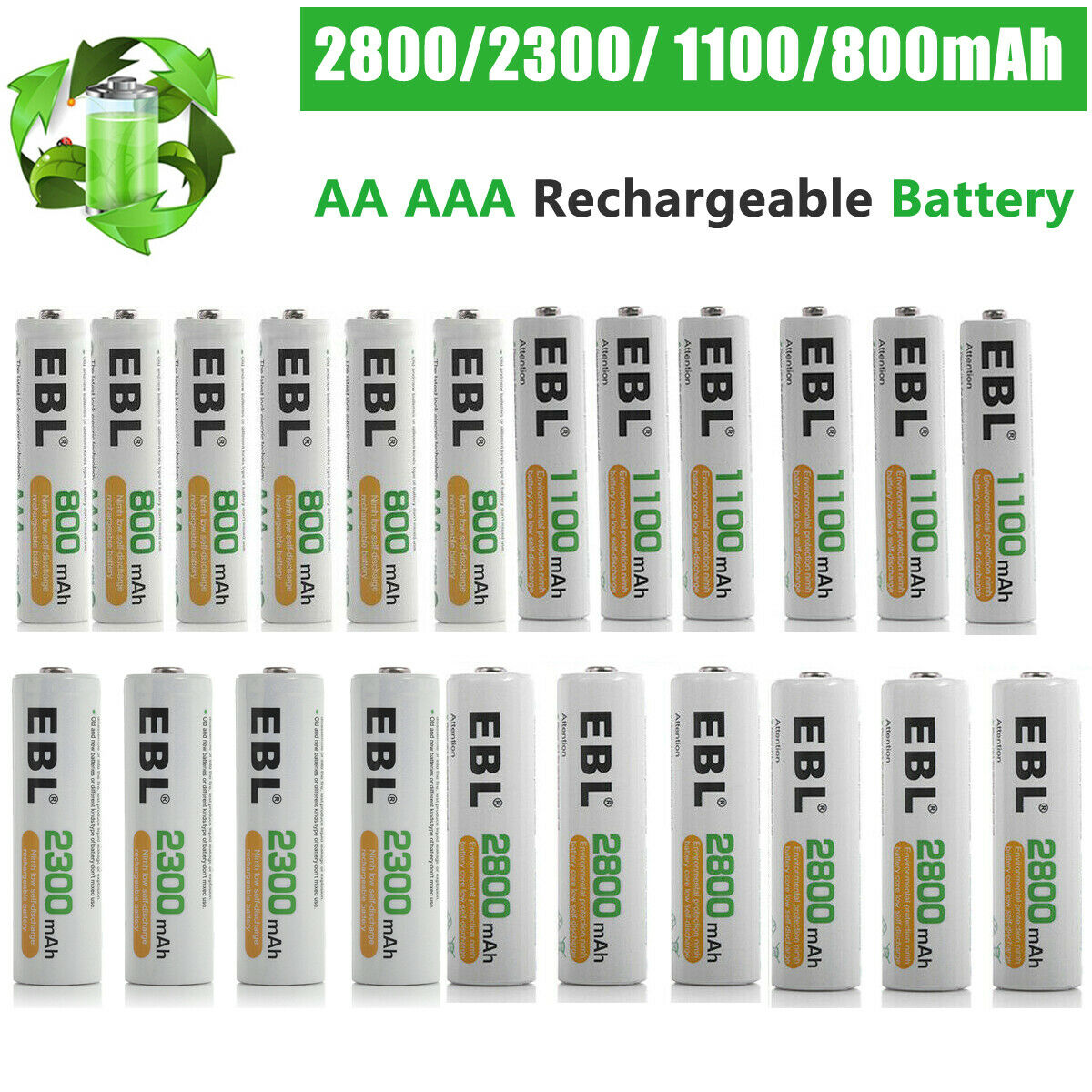 Ebl Lot Aa Aaa Rechargeable Batteries 2800mah 2300mah 1100mah 800mah Ni-mh + Box