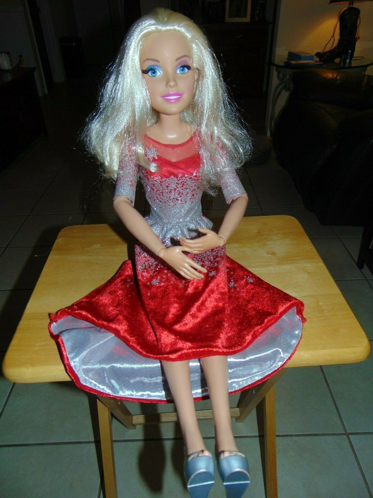 Mattel Barbie Blonde 28" Just Play Doll W/ Jointed Arms Hands & Red/silver Dress