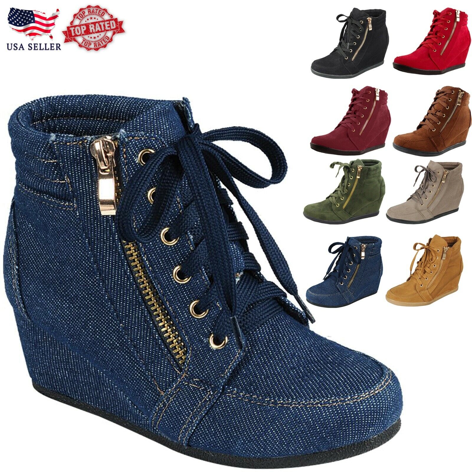 New Women's Sneakers High Top Zipper Accent Lace Up Wedge Heel Ankle Bootie Shoe